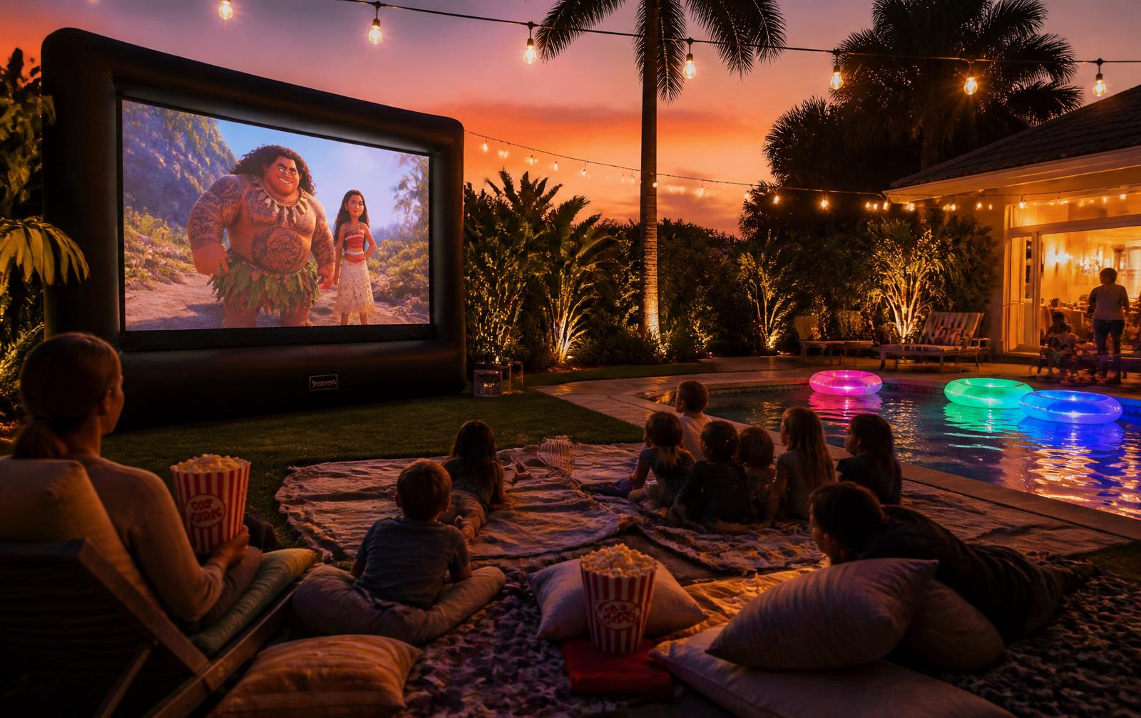 Backyard movie night at sunset with a giant cinema screen, string lights and glowing pool floats in a Florida backyard